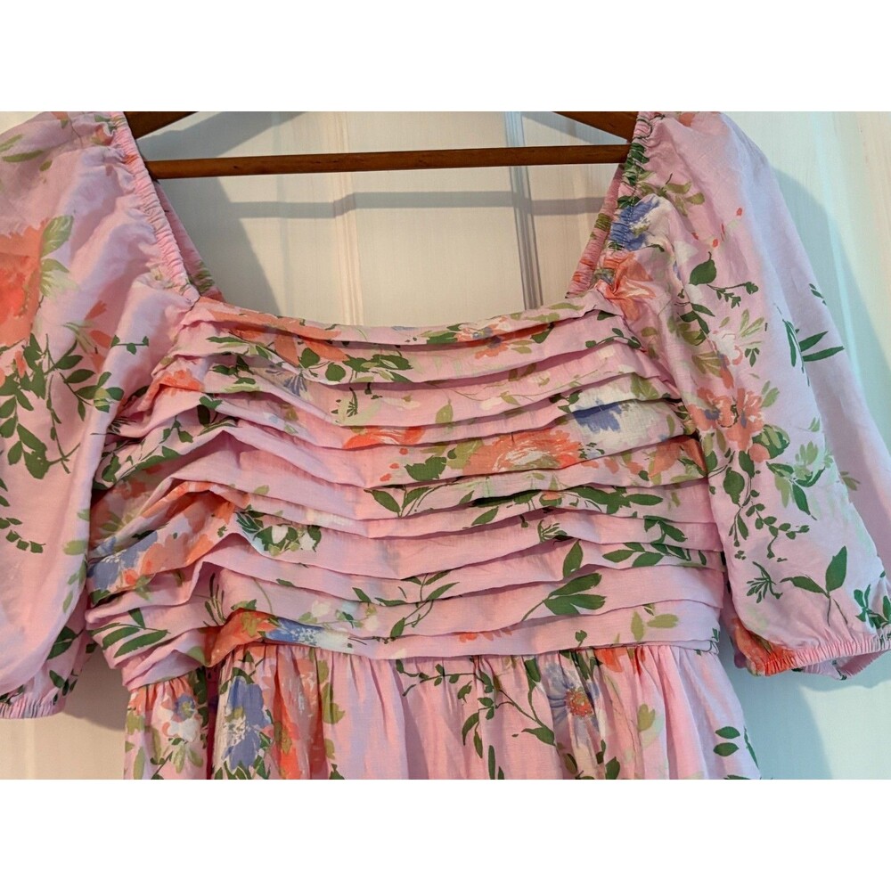 By The River Floral Midi Dress Womens S Pink Puff Sleeve Smocked Cottagecore - Picture 3 of 7